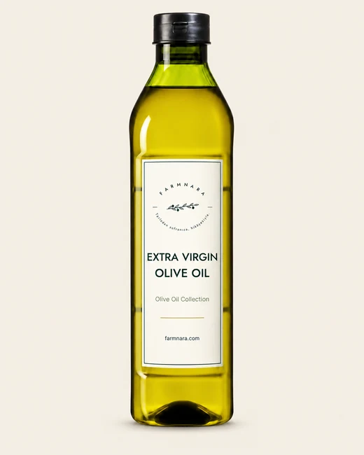 FarmNara Extra Virgin Olive Oil in a tall bottle with a black cap and cream label